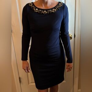 Vince Camuto Navy Dress with Embellished Neckline